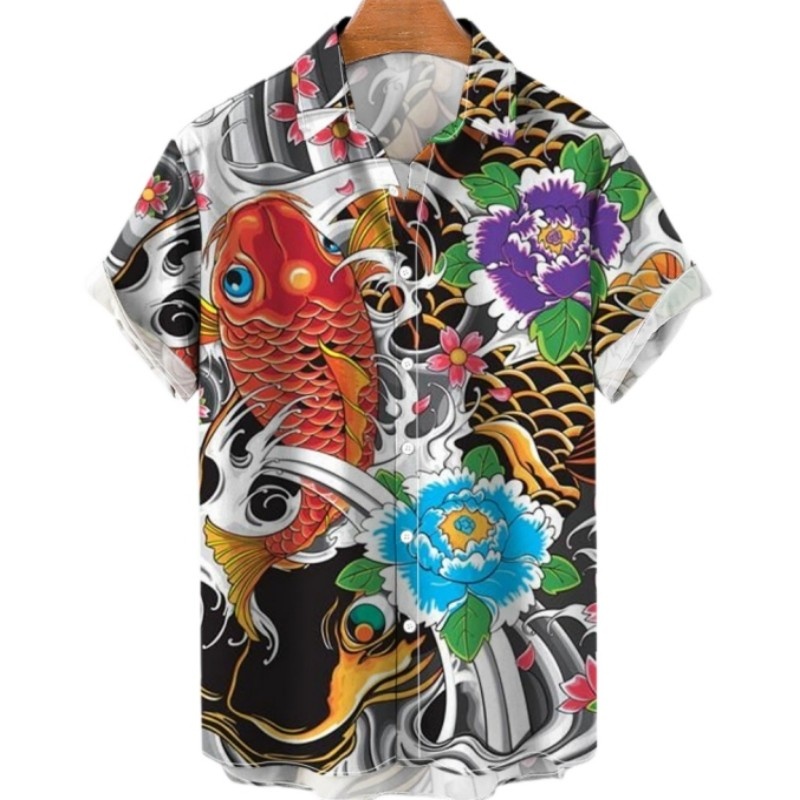 Vintage Hawaiian Floral Shirt - Camisa hawaiana de pescado Koi Floral