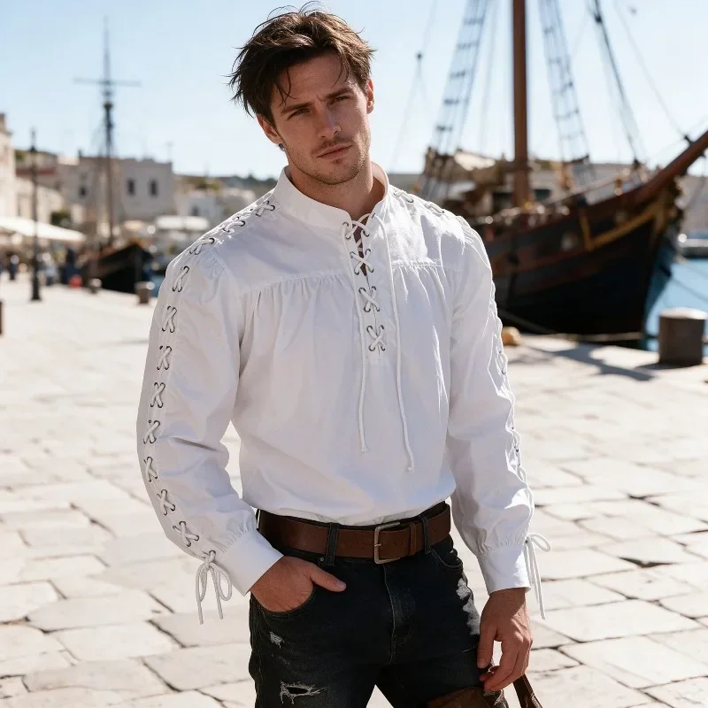 Medieval Gothic Lace Up Pirate Shirt - Camisa pirata medieval para hombre, de