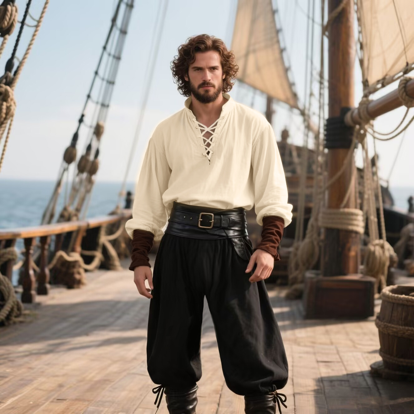 Disfraz de Pirata de Halloween - Medieval Gothic Lace Up Pirate Shirt reseña y precio